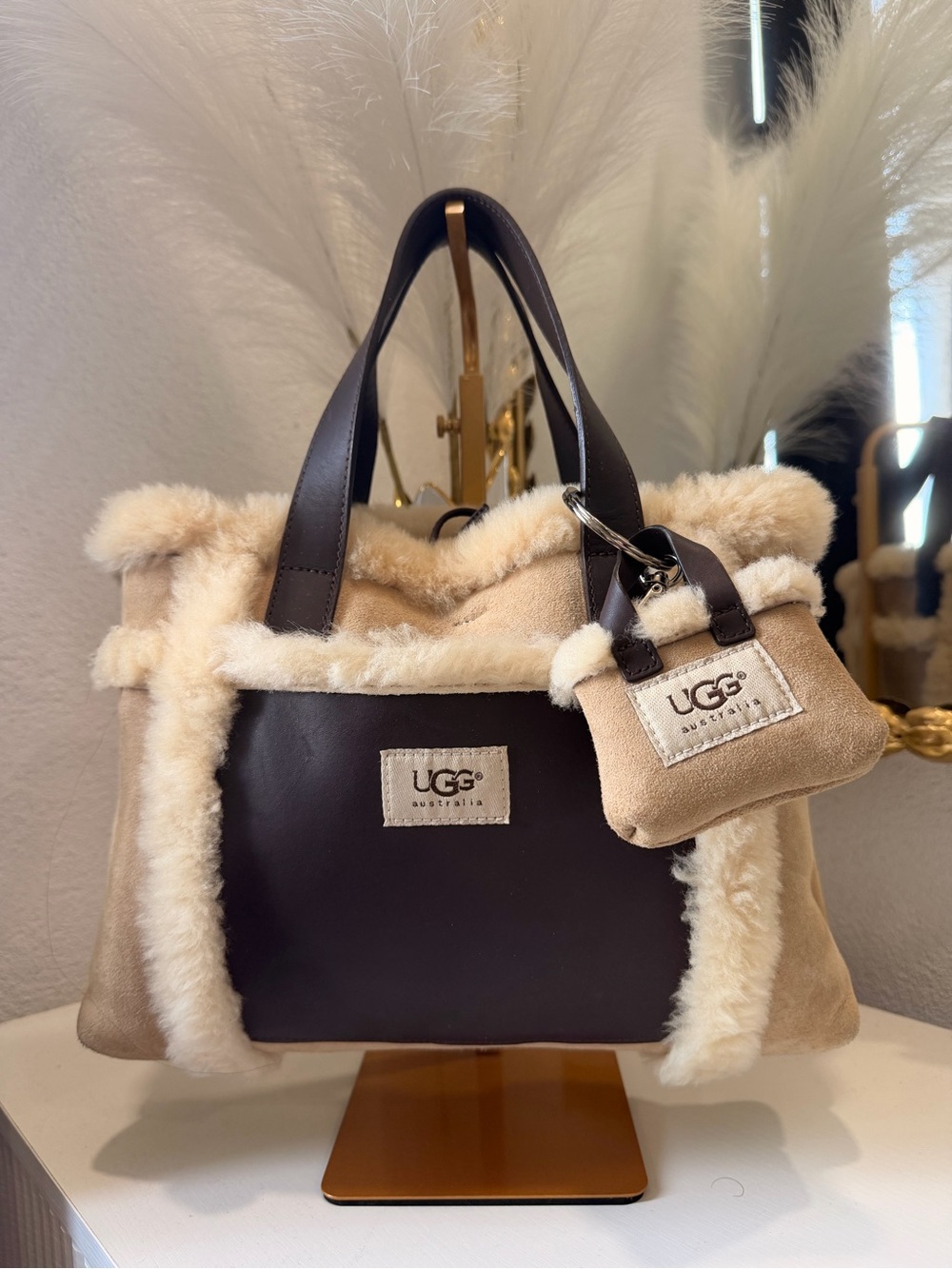 UGG Chocolate Brown and Cream Shearling Trim Tote